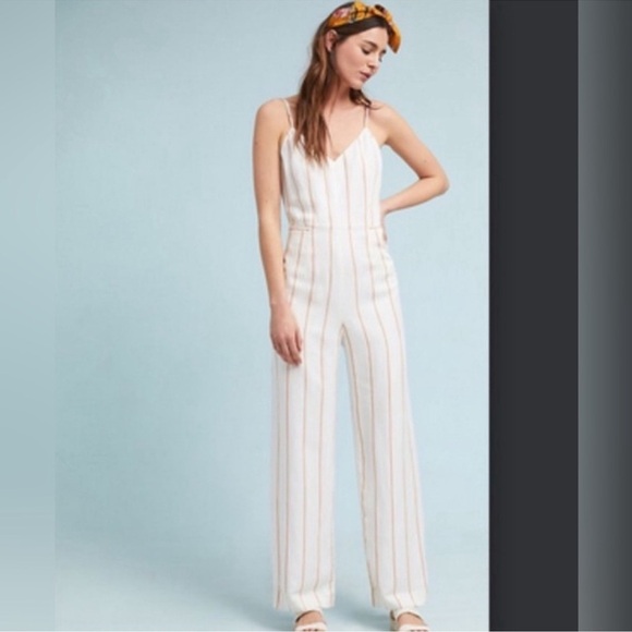 Anthropologie The Essential White Striped Linen Blend Crop Jumpsuit Size 2 - Picture 1 of 8
